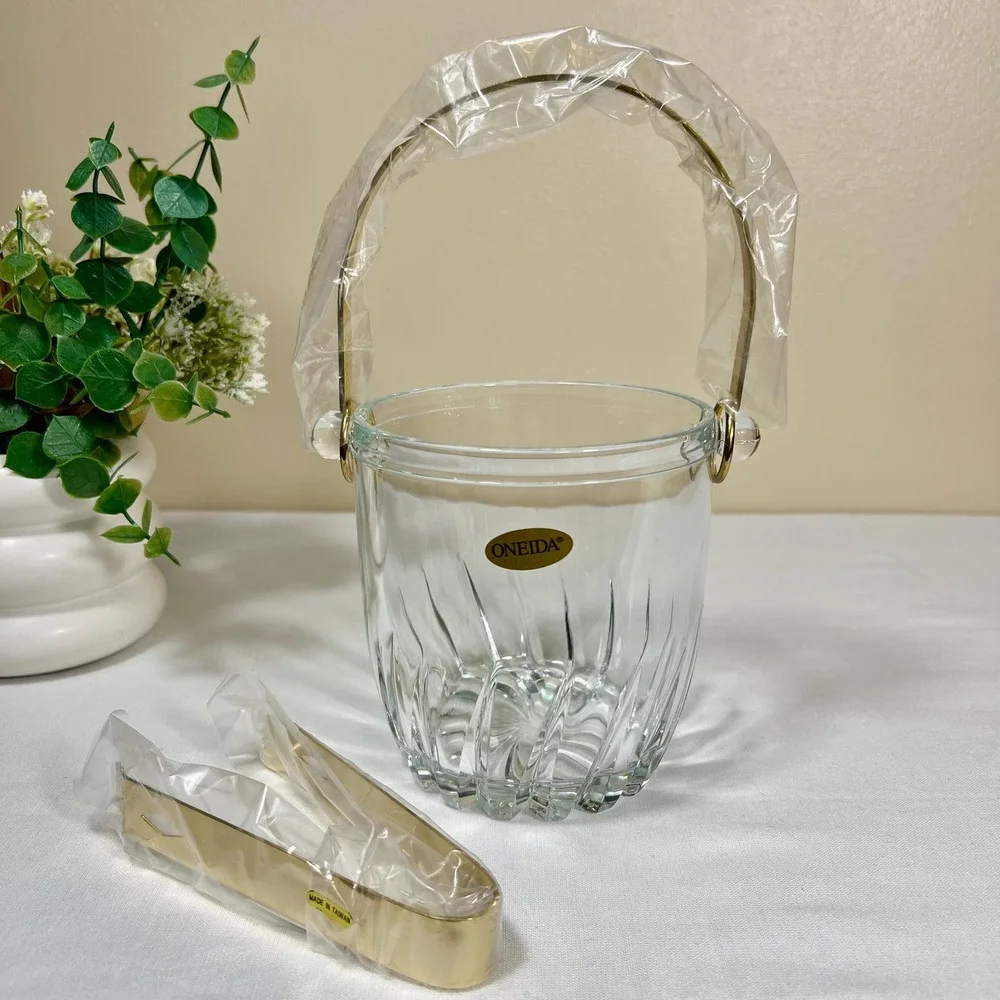 Vintage Crystal Oneida Ice Bucket with Gold Tongs | New without Box